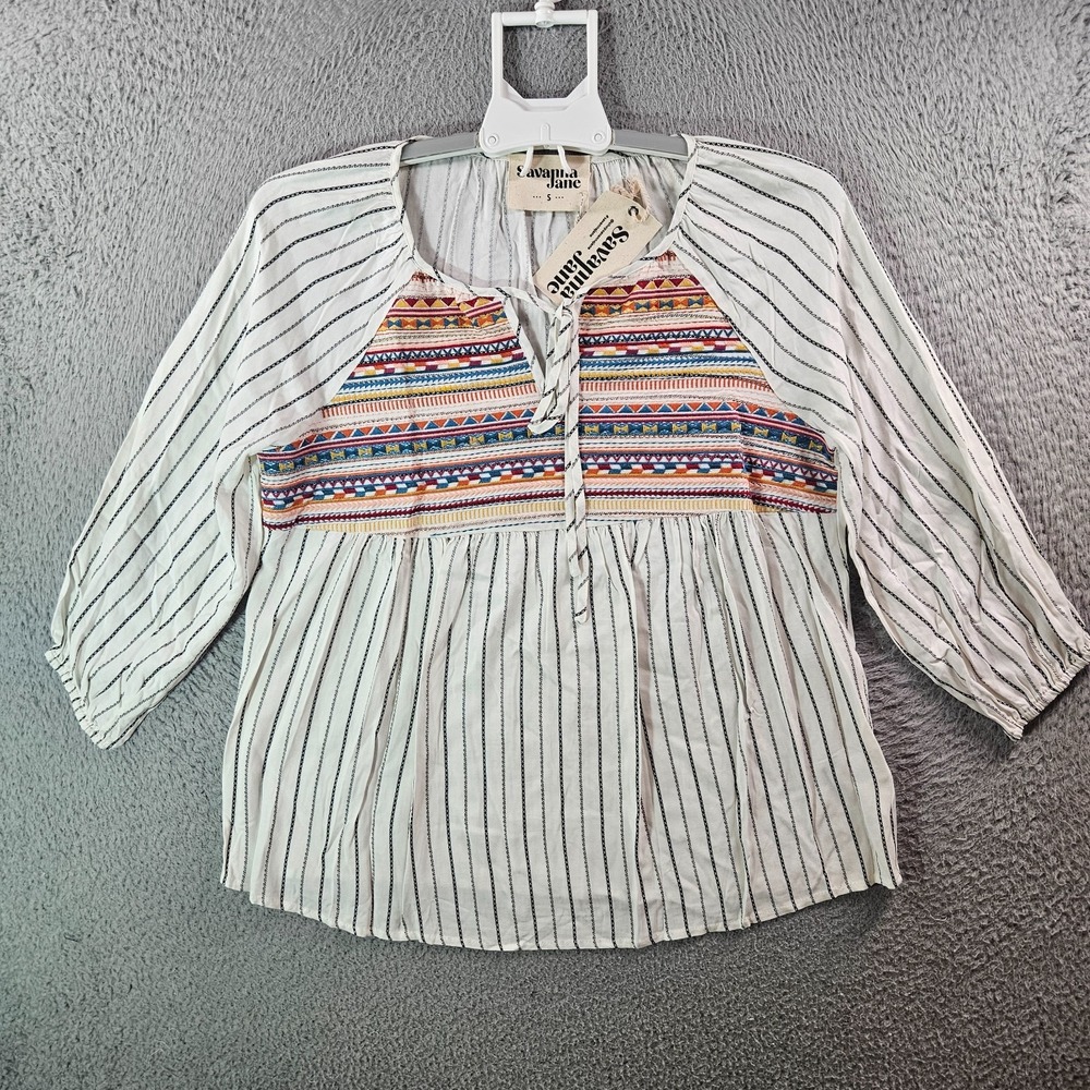 NEW Savanna Jane Top Blouse Women Small Geometric Embroidered White Black